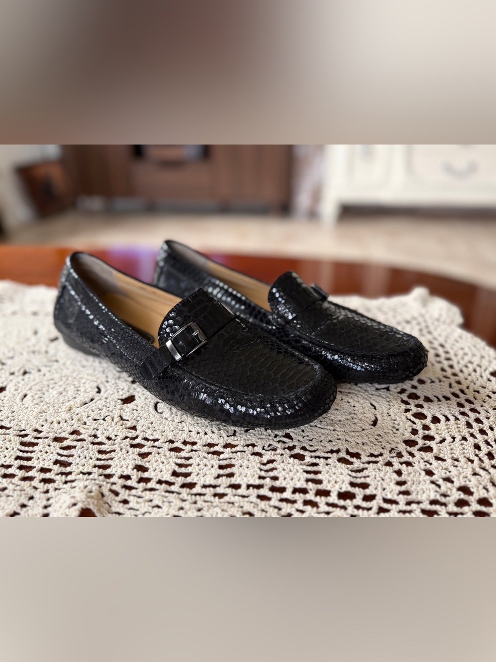 Vaneli Black Croc-Embossed Leather Buckle Slip-On Loafers